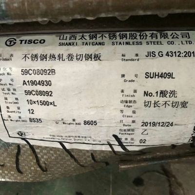 SUH409L UNS S40910 গরম ঘূর্ণিত স্টেইনলেস স্টীল প্লেট 1D সমাপ্ত 3.5mm 409L